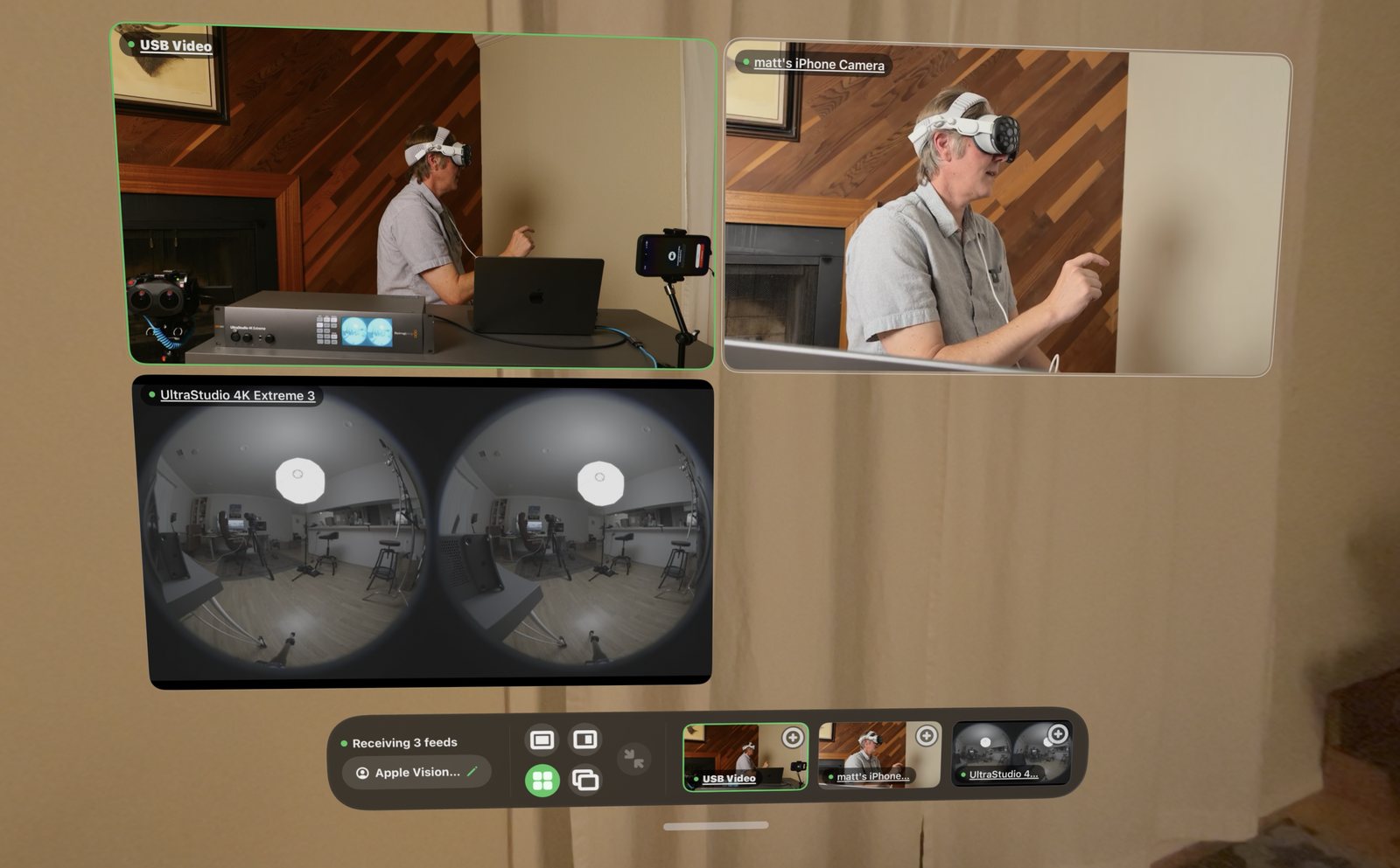 Three feeds floating in the room